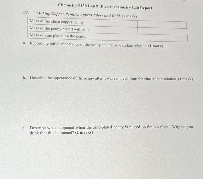 Chemistry 0130 Lab 9 Electrochemistry Lab Report A1.