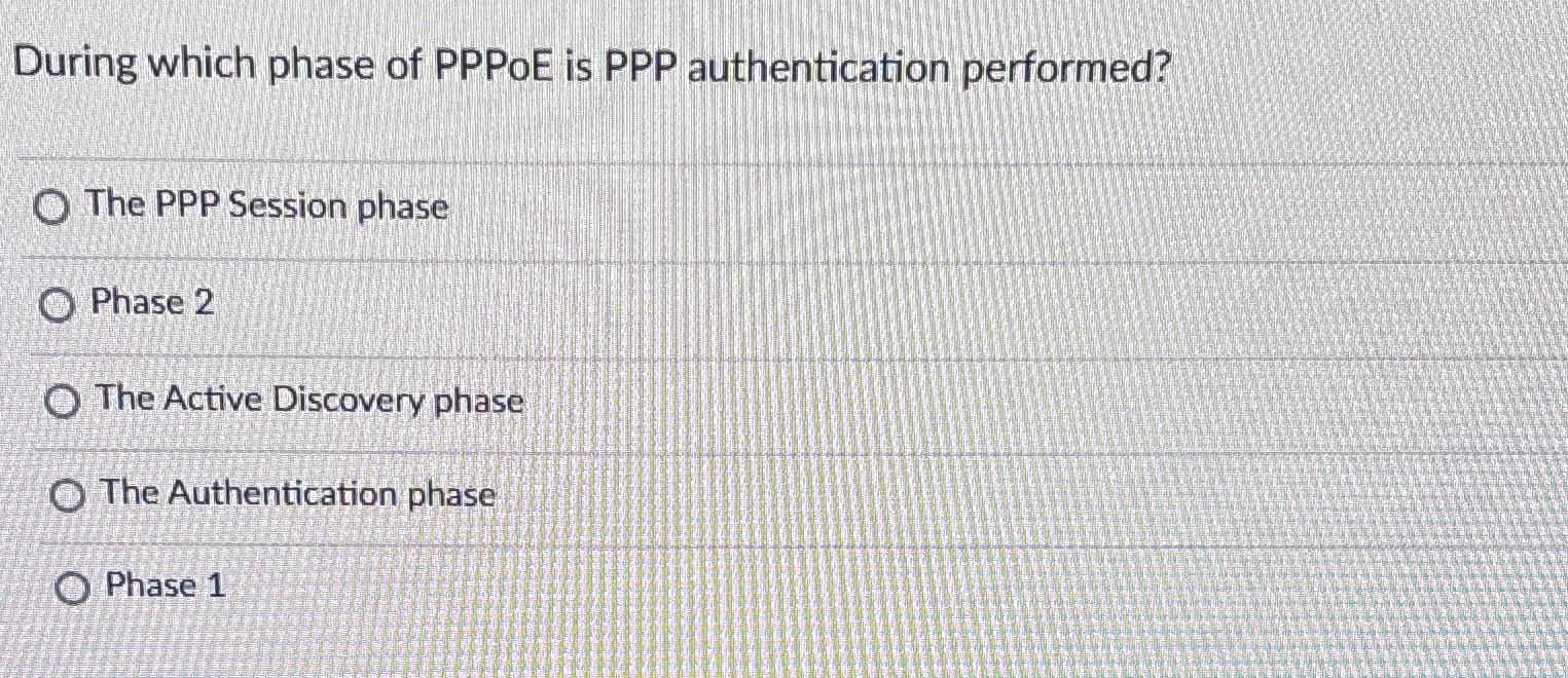 Solved During which phase of PPPoE is PPP authentication | Chegg.com