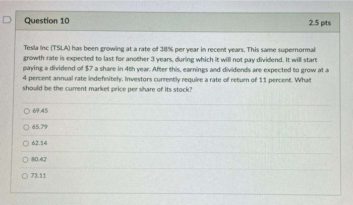 Solved Question 10 2.5 Pts Tesla Inc (TSLA) Has Been Growing | Chegg.com