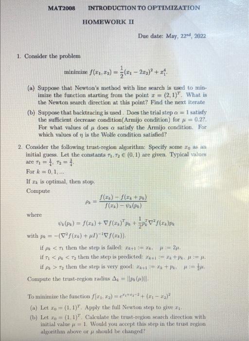 Solved MAT2008 INTRODUCTION TO OPTIMIZATION HOMEWORK II Due | Chegg.com
