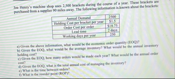 Solved Joe Heery's machine shop uses 2,400 ﻿beackets during | Chegg.com