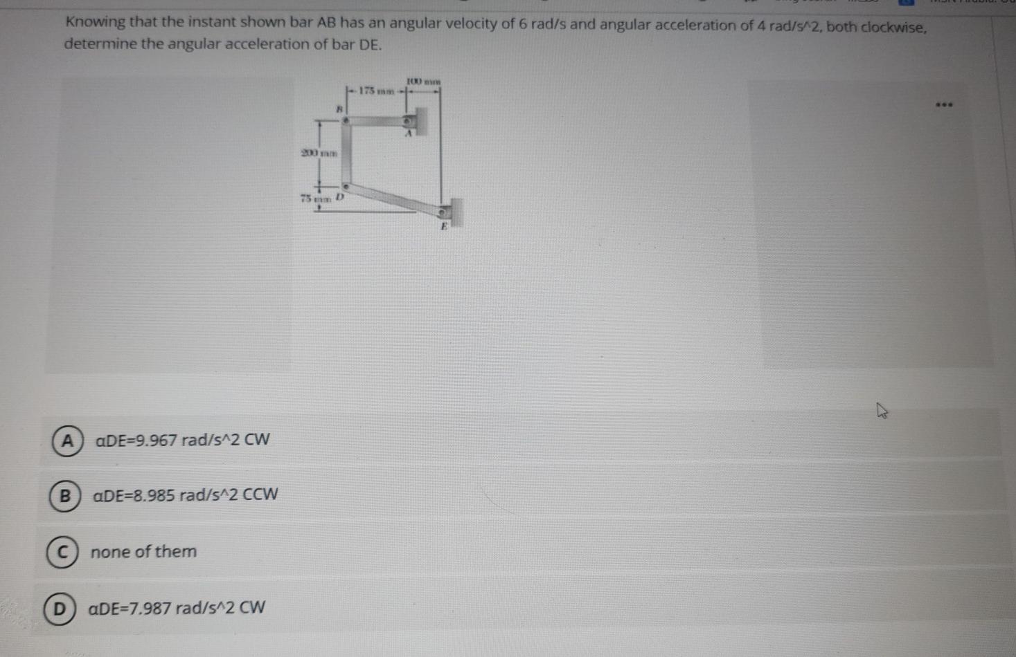 Solved Knowing that the instant shown bar AB has an angular | Chegg.com