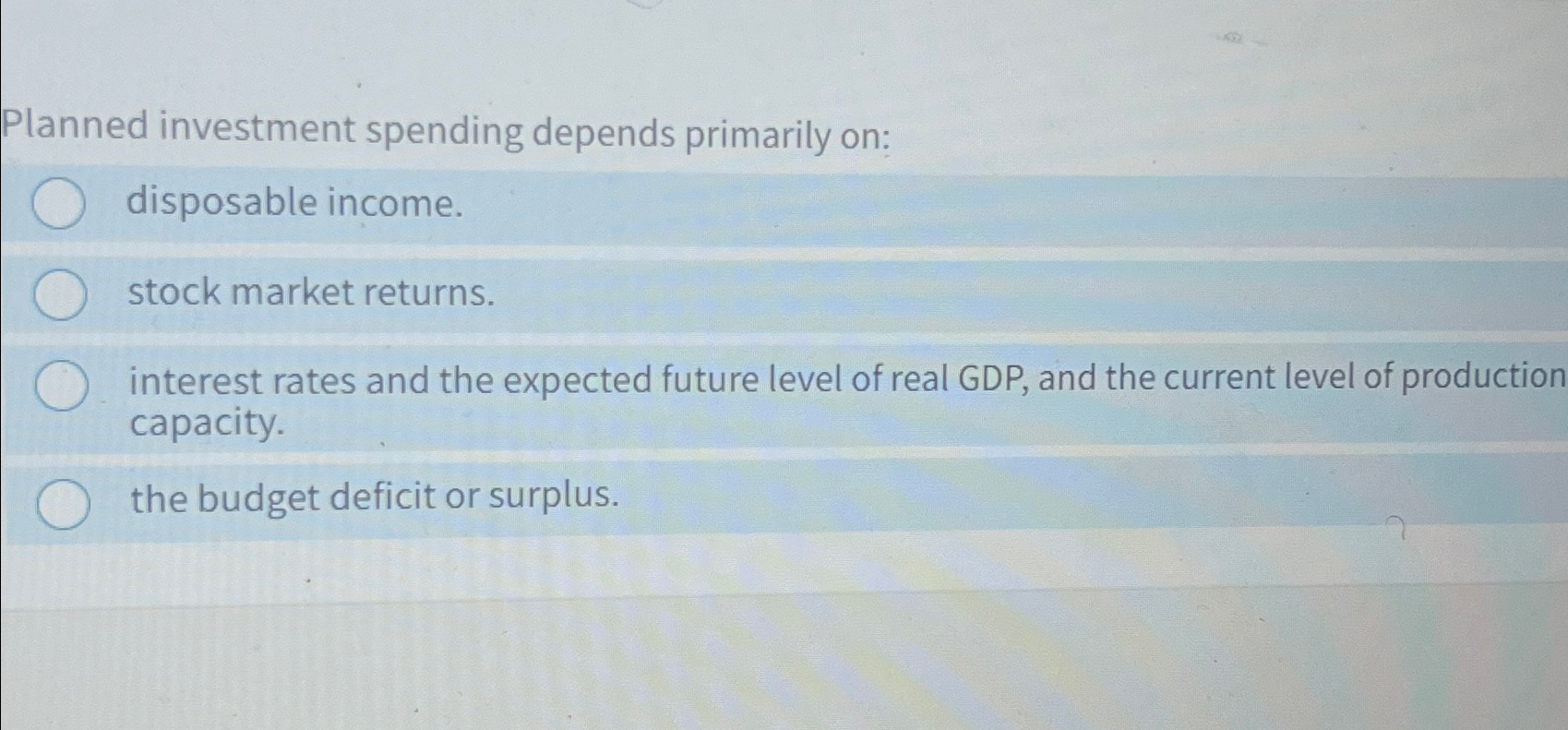 Solved Planned investment spending depends primarily