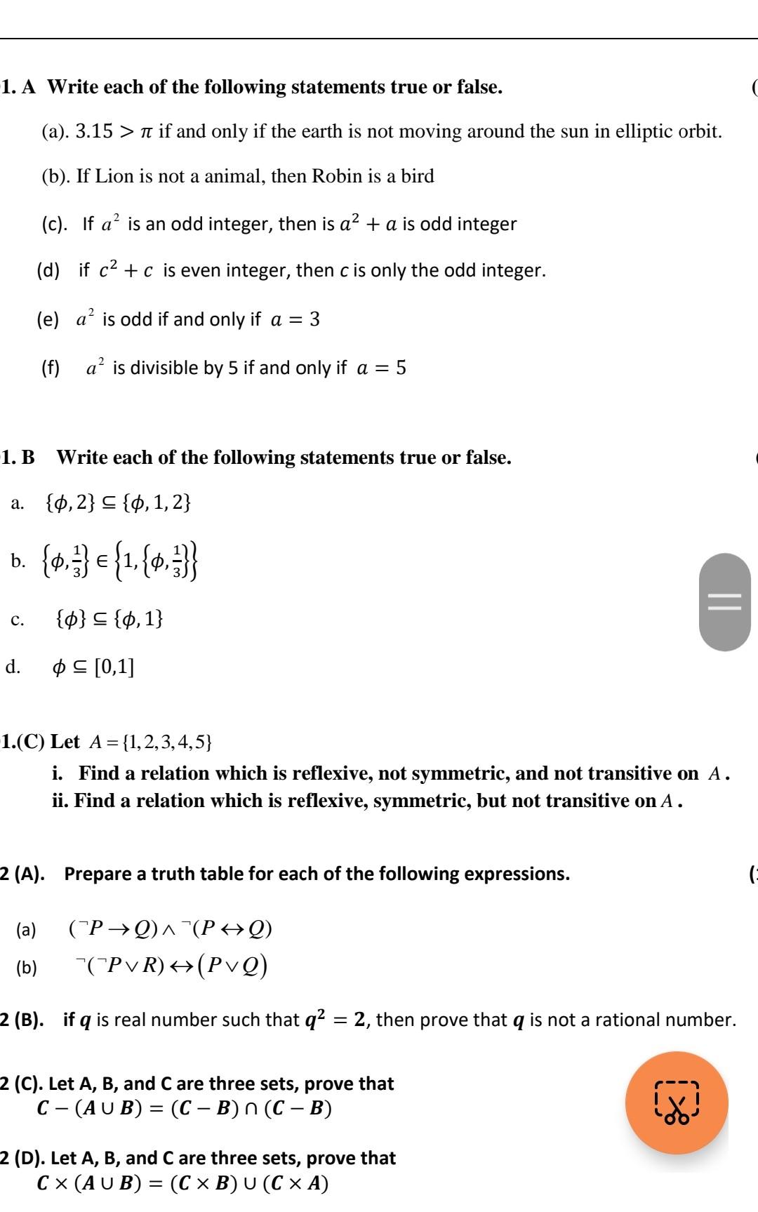 Solved 1. A Write each of the following statements true or | Chegg.com