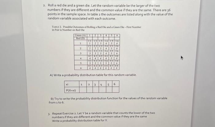 2. Roll a red die and a green die. Let the random | Chegg.com
