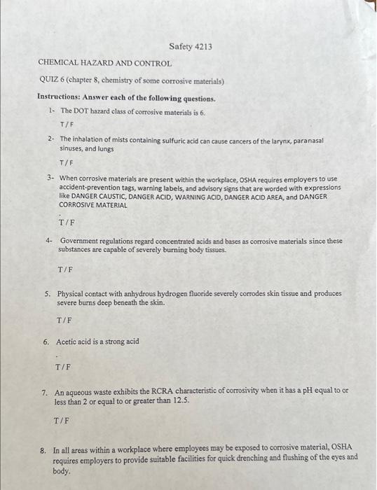 Solved Safety 4213 CHEMICAL HAZARD AND CONTROL QUIZ 6 | Chegg.com