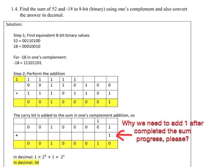 Solved 1.4. Find the sum of 52 and -18 in 8-bit (binary) | Chegg.com