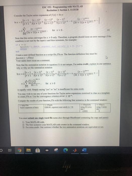 ESC 152: Programming with MATLAB Recitation 3, | Chegg.com
