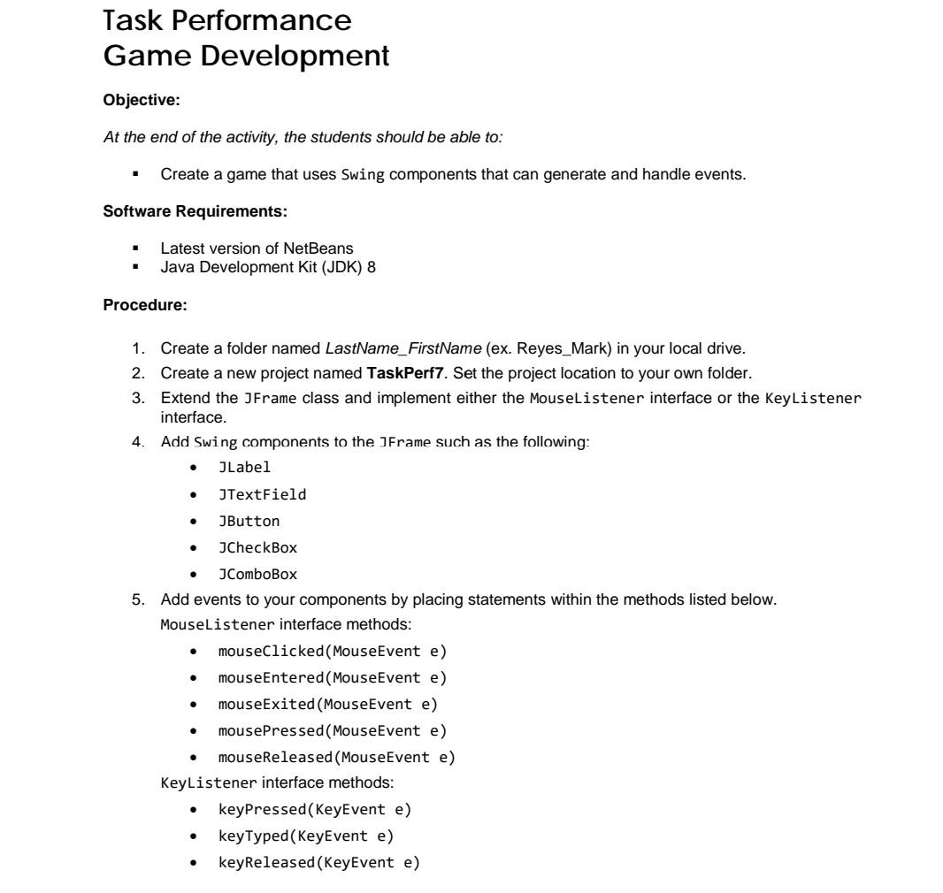 Solved Task Performance Game Development Objective: At the | Chegg.com