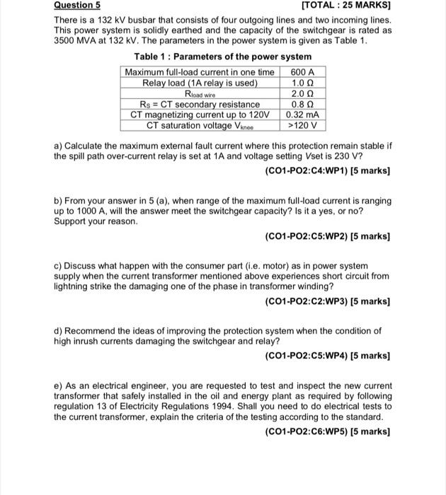 Solved Question 5 [TOTAL : 25 MARKS] There Is A 132kV Busbar | Chegg.com