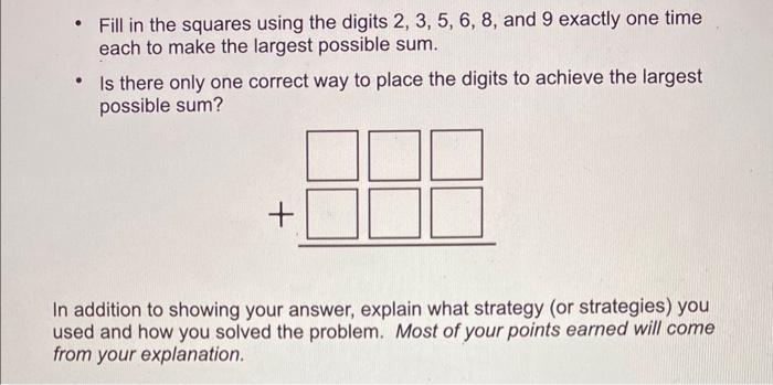 Solved - Fill in the squares using the digits 2,3,5,6,8, and | Chegg.com