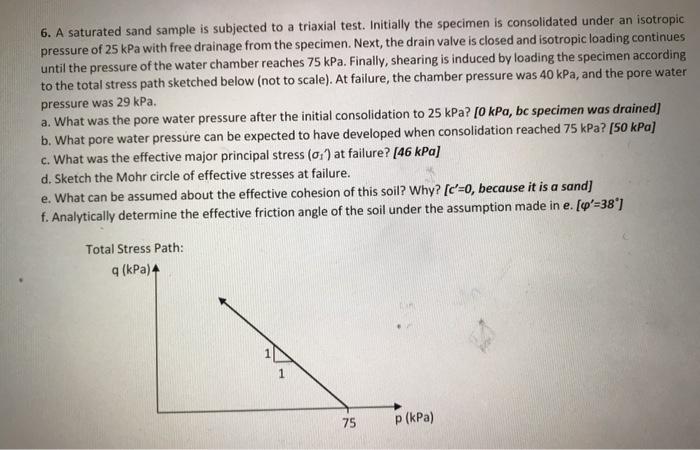6. A saturated sand sample is subjected to a triaxial test. Initially the specimen is consolidated under an isotropic
pressur