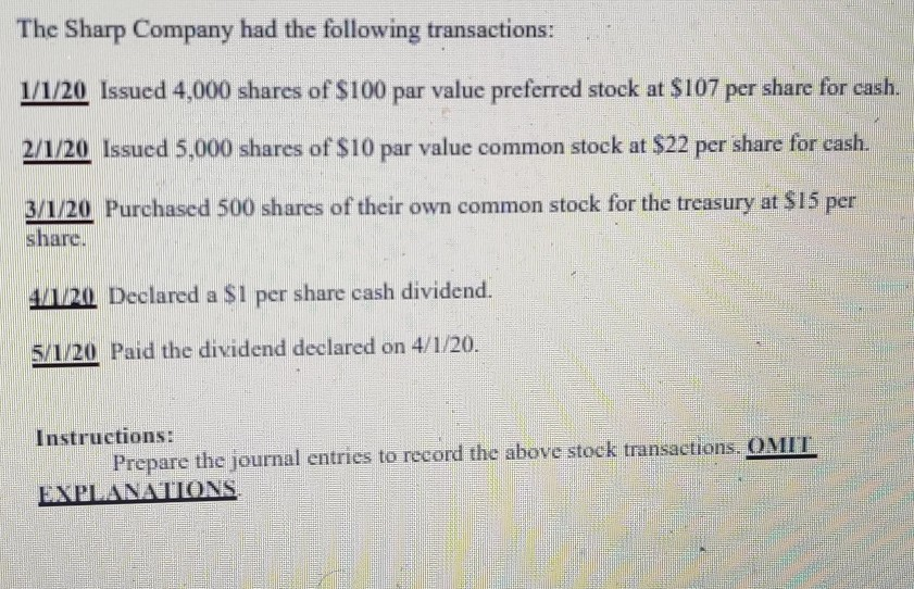 Solved The Sharp Company Had The Following Transactions