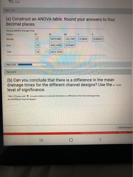 Solved Part 1 of 2 (a) Construct an ANOVA table. Round your | Chegg.com