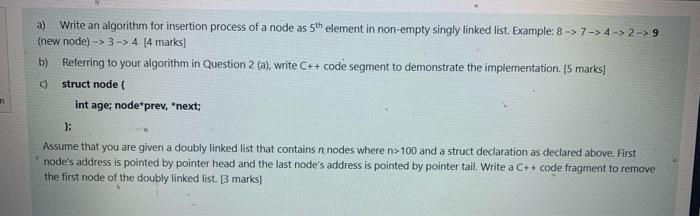 Solved a) Write an algorithm for insertion process of a node | Chegg.com