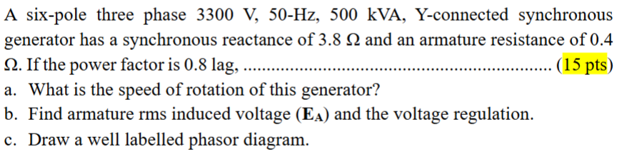 Solved A six-pole three phase 3300V,50-Hz,500kVA,Y-connected | Chegg.com