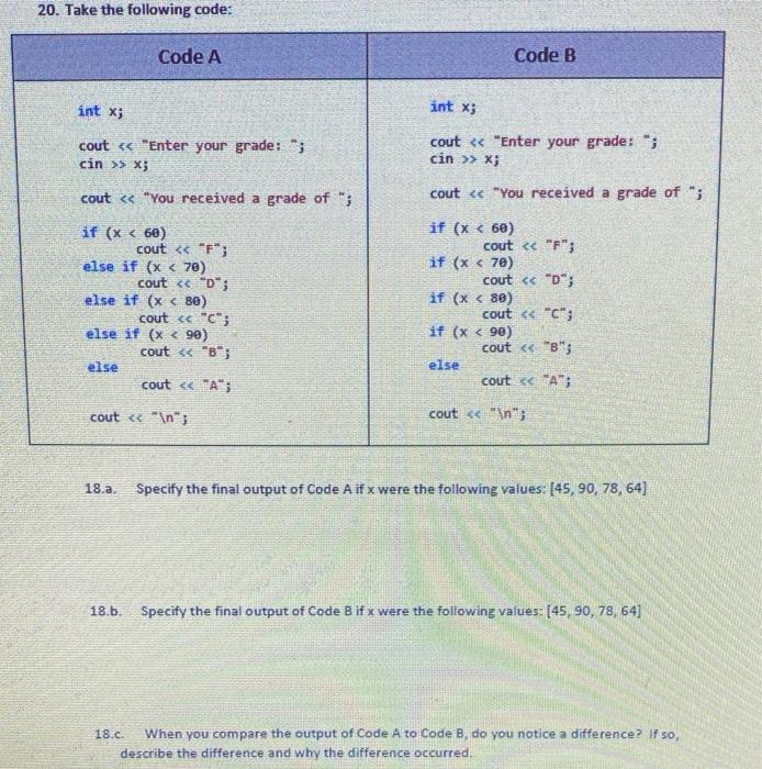 Solved 20. Take The Following Code: Code A Code B Int X; Int | Chegg.com