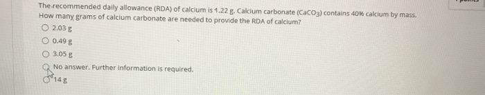 Solved The recommended daily allowance (RDA) of calcium is | Chegg.com