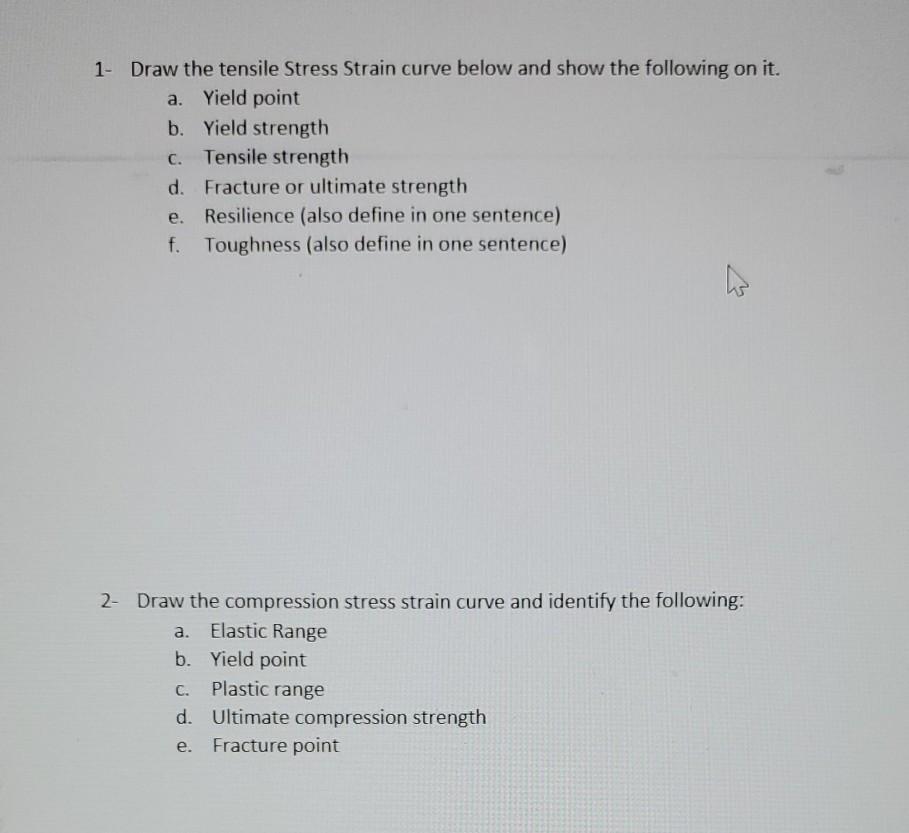 Solved 1- Draw the tensile Stress Strain curve below and | Chegg.com