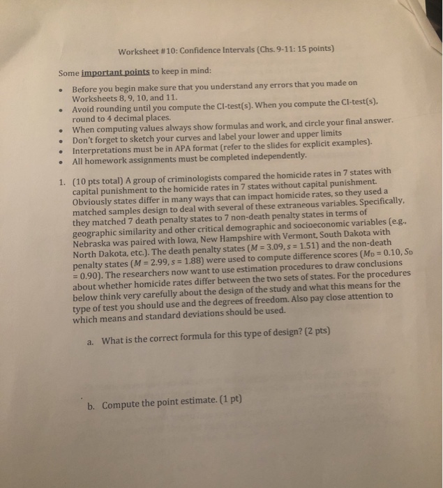 Solved Worksheet #10: Confidence intervals (Chs. 9-11: 15 | Chegg.com