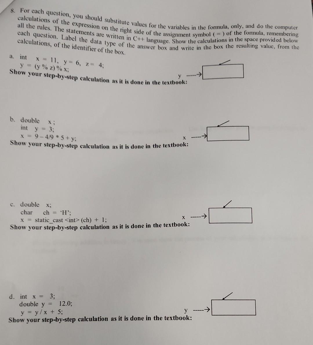 Solved 8. For each question, you should substitute values | Chegg.com
