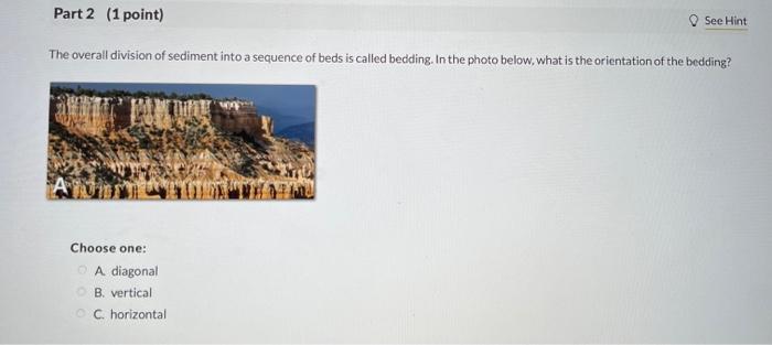 The overall division of sediment into a sequence of beds is called bedding. In the photo below, what is the orientation of th