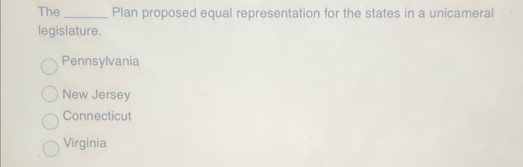 the new jersey plan proposed equal representation this idea appealed to