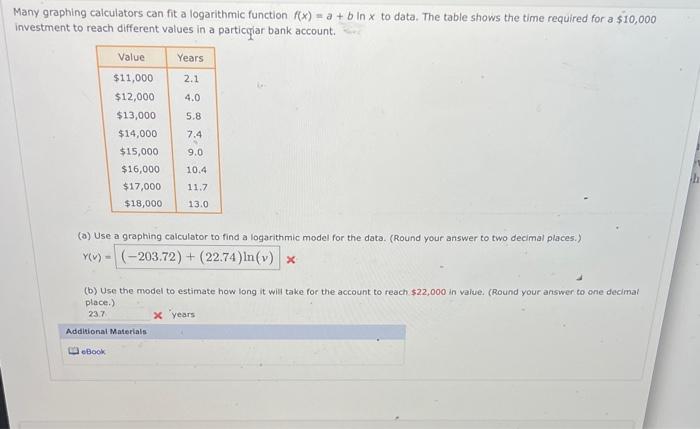 Many graphing calculators can fit a logarithmic function \( f(x)=a+b \ln x \) to data. The table shows the time required for 