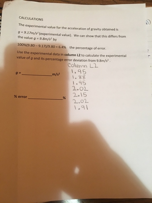 Solved CALCULATIONS The experimental value for the