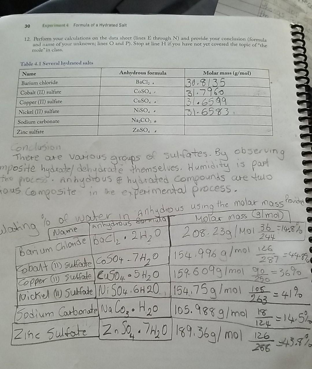 Solved Experiment 4 Formula of a Hydrated Salt 308 3