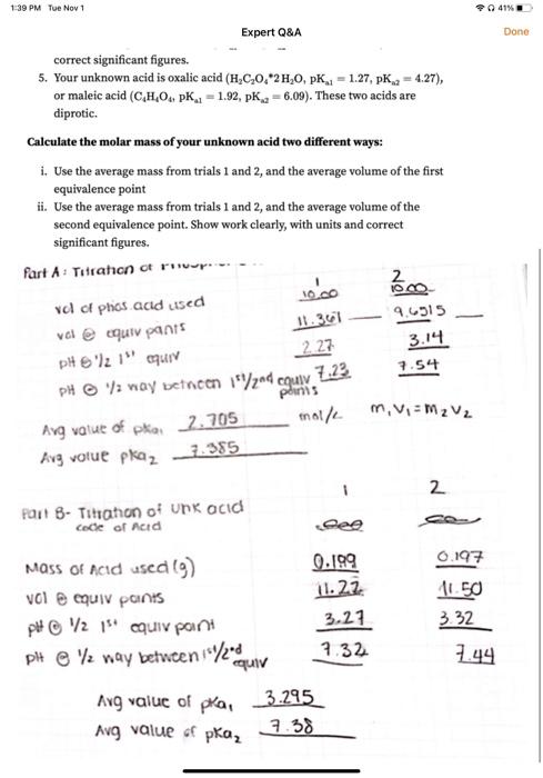 Solved correct significant figures. 5. Your unknown acid is | Chegg.com