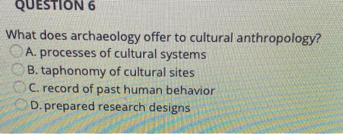 Solved QUESTION 6 What Does Archaeology Offer To Cultural | Chegg.com