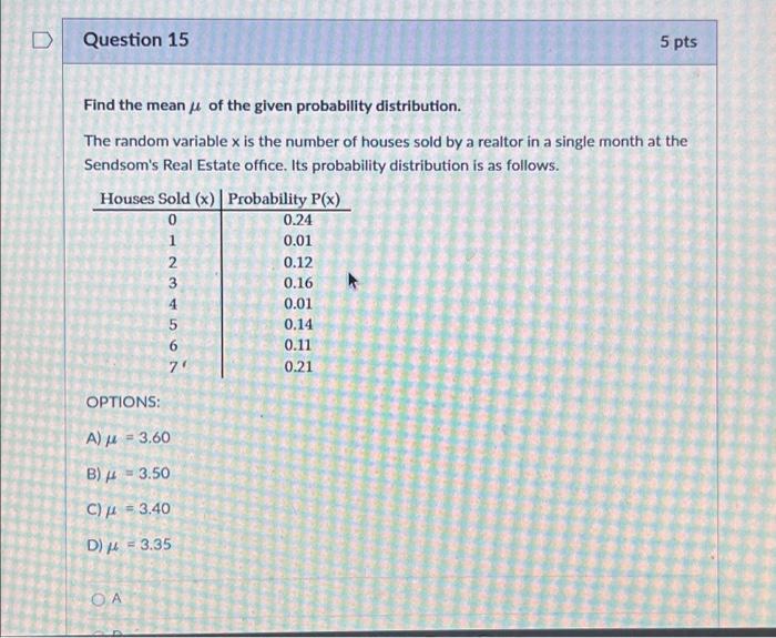 Solved Question 15 Find the mean of the given probability | Chegg.com