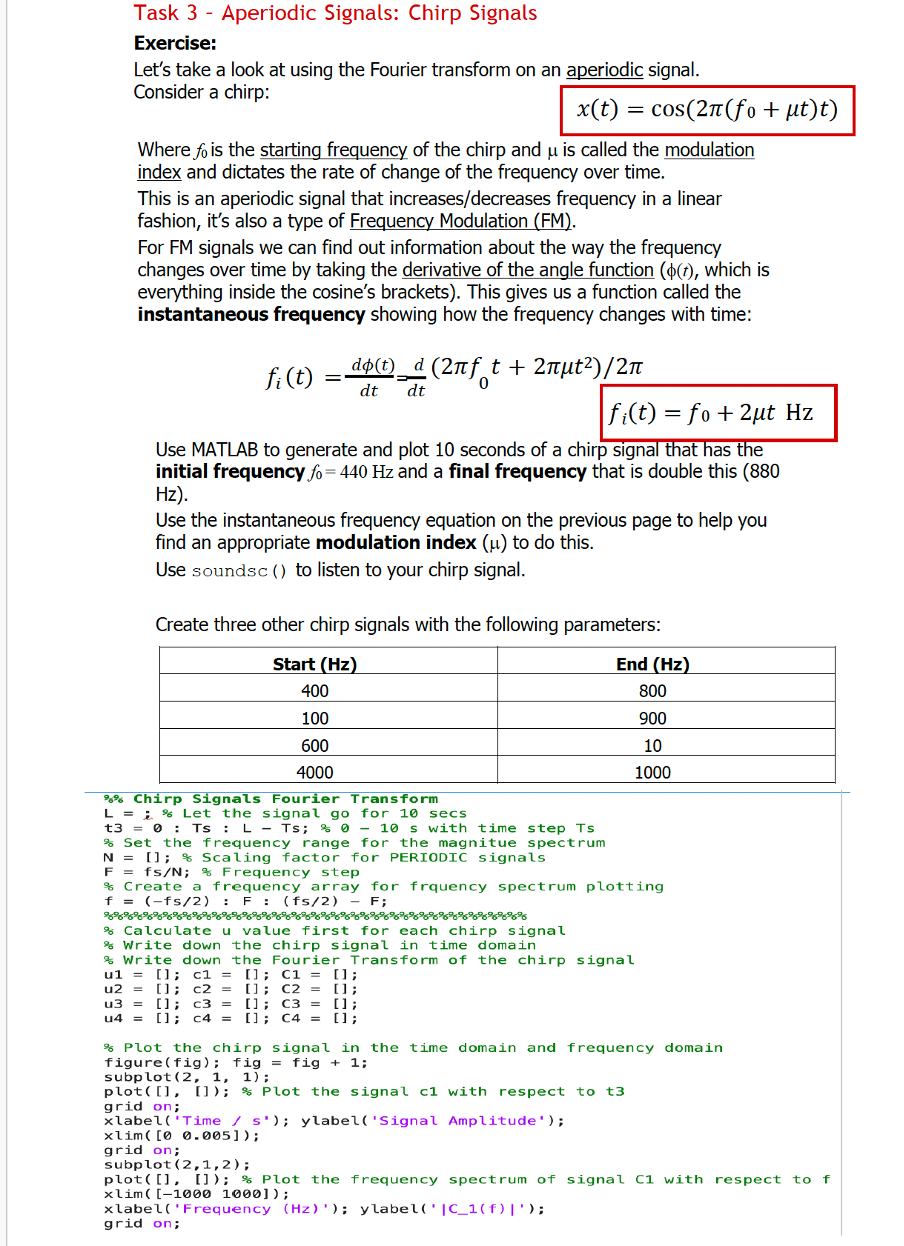 Task 3 - ﻿Aperiodic Signals: Chirp | Chegg.com