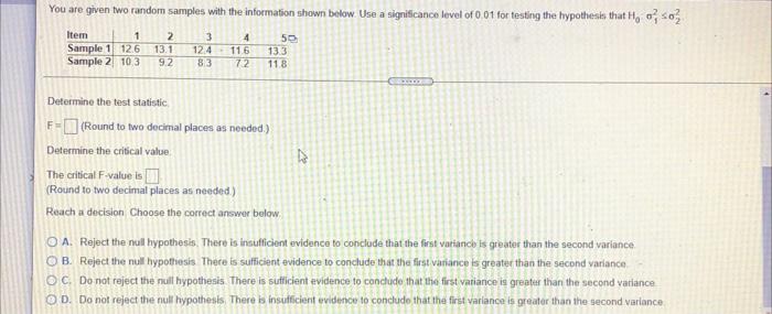 Solved You are given two random samples with the information | Chegg.com