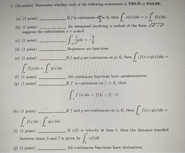 Solved 1. (10 points) Determine whether each of the | Chegg.com