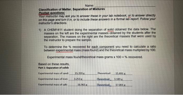 Solved Name: Classification of Matter. Separation of | Chegg.com