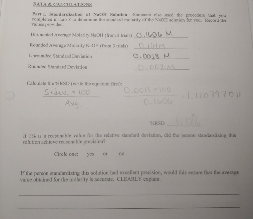 DATA & CALCULATIONS Part 1. Standardization of NaOH | Chegg.com