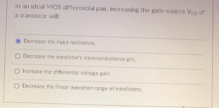 Solved In the MOS differential pair shown in Fig. 1, if the | Chegg.com