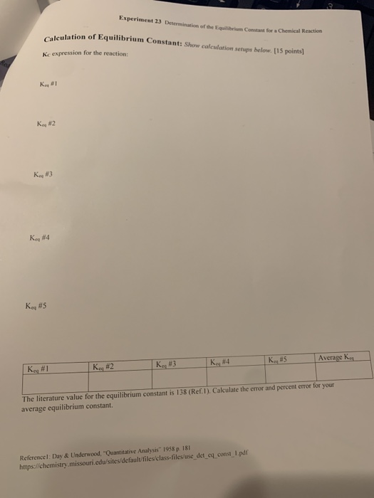 Name: Experiment 23 Data And Calculations: | Chegg.com