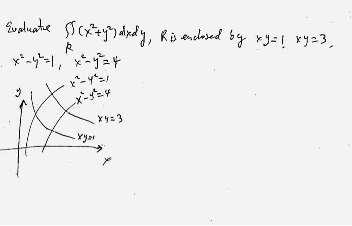 Solved Evaluate ∬R(x2+y2)dxdy,R is enclosed by xy=1xy=3, | Chegg.com