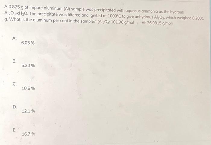 Solved A 0.875 g of impure aluminum (Al) sample was | Chegg.com