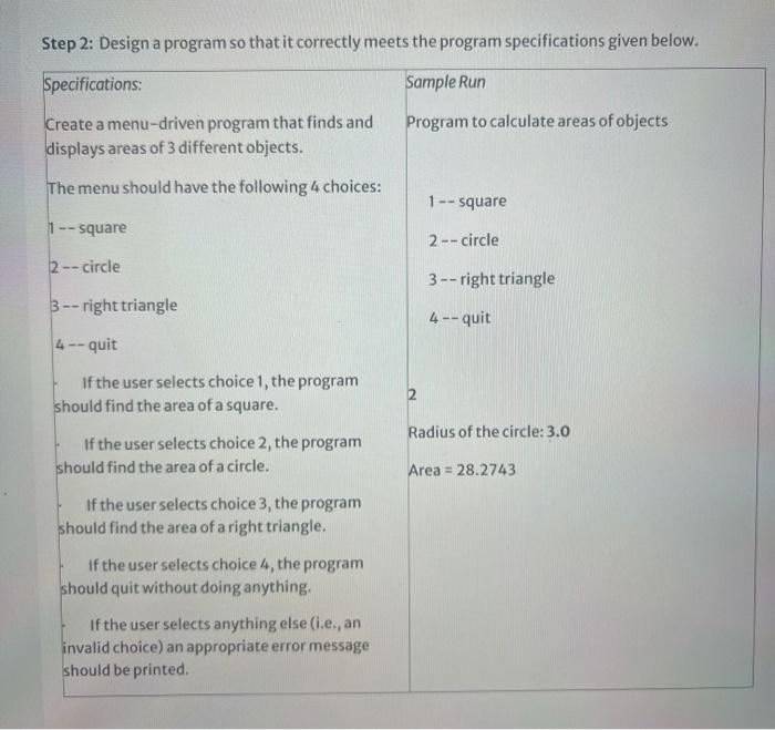 Solved step 2 design a program so that it correctly meets chegg