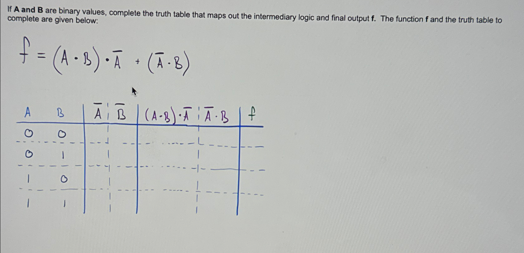 Solved If A and B ﻿are binary values, complete the truth | Chegg.com
