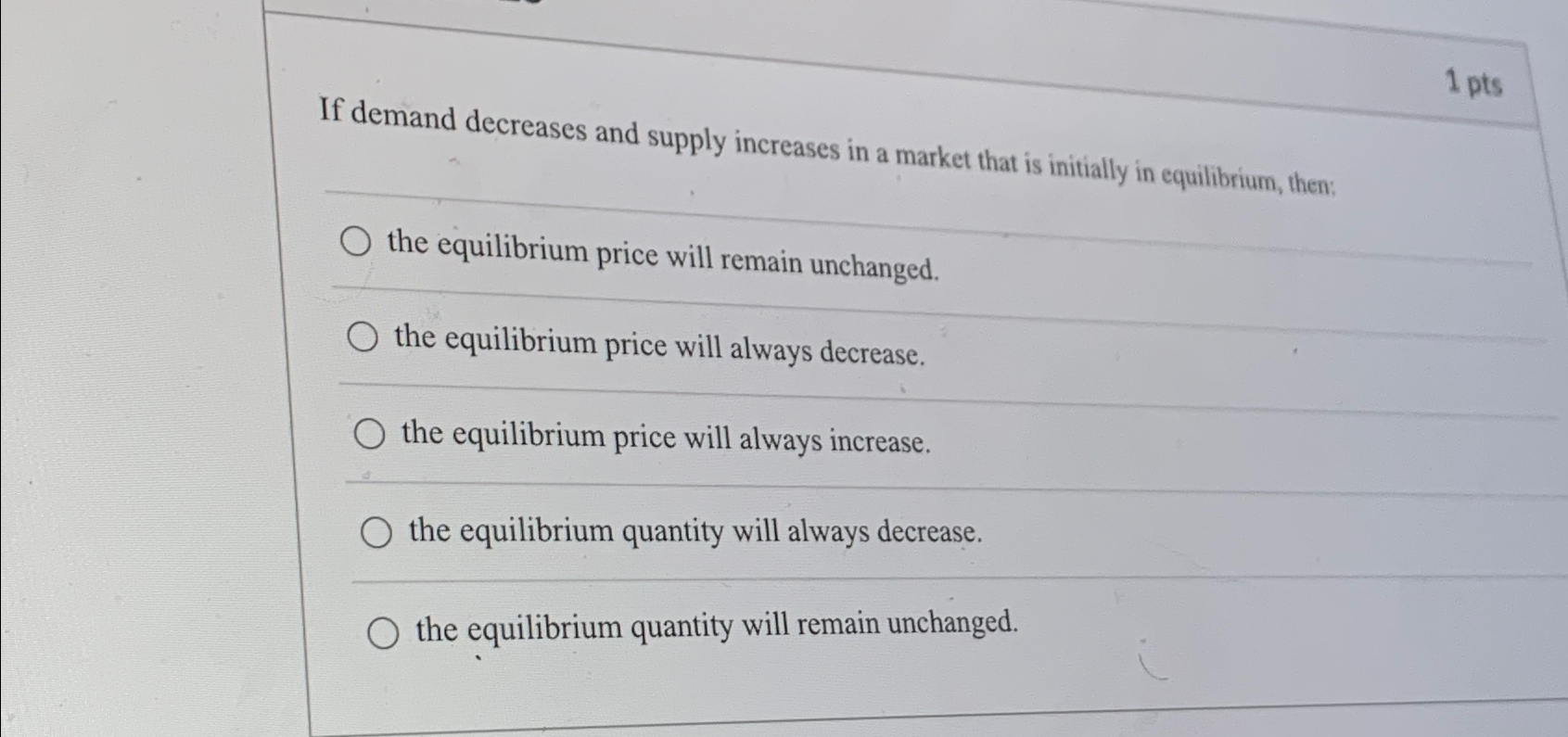 Solved 1 ﻿ptsIf demand decreases and supply increases in a | Chegg.com