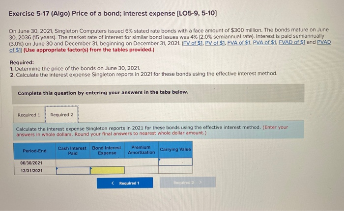 Solved: Exercise 5-17 (Algo) Price Of A Bond; Interest Exp ...