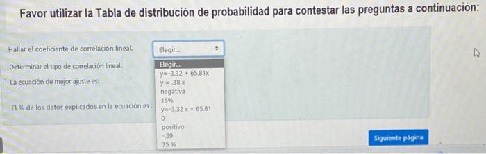 Favor utilizar la Tabla de distribución de probabilidad para contestar las preguntas a continuación: Hallar el coeficiente de