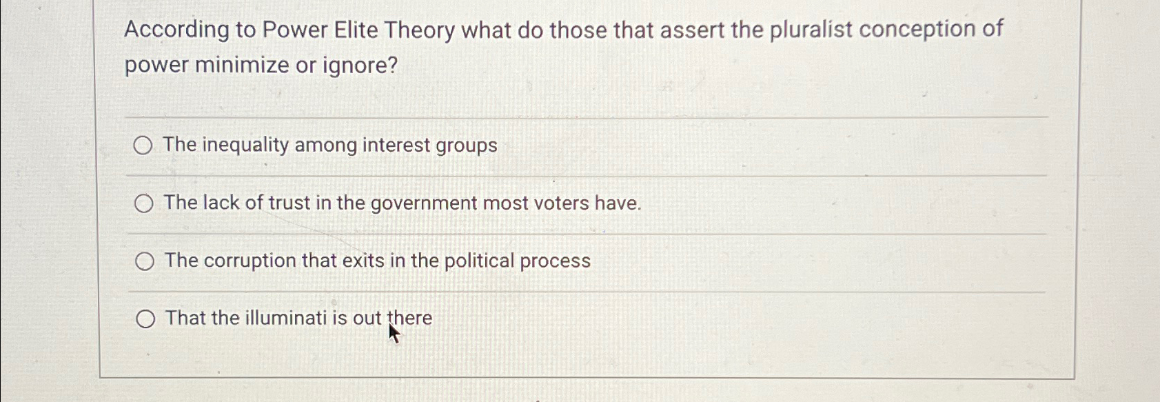 Solved According to Power Elite Theory what do those that | Chegg.com