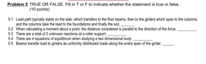Solved Problem 5 TRUE OR FALSE. Fill in T or F to indicate | Chegg.com