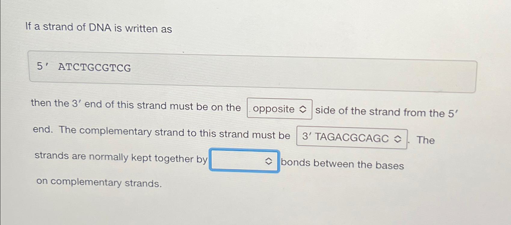 Solved If a strand of DNA is written as5' ﻿ATCTGCGTCGthen | Chegg.com
